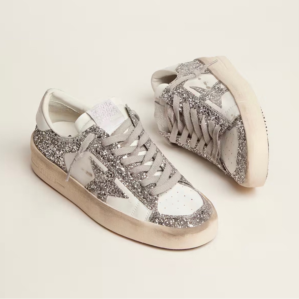 Golden Goose Silver White Sneakers with Textured Design